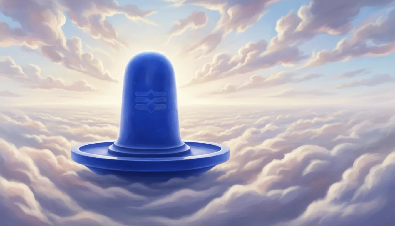Blue Shiva Lingam floating above clouds with soft sky background