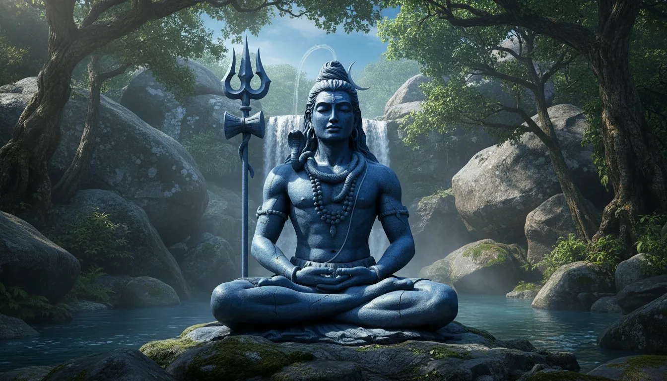 blue colored Shiva statue sitting in meditation near rocks and trees outdoors