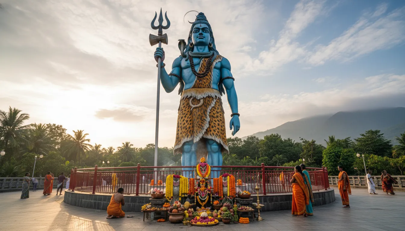 A tall blue Shiva statue holding a trident near a red railing with offerings placed at the base.