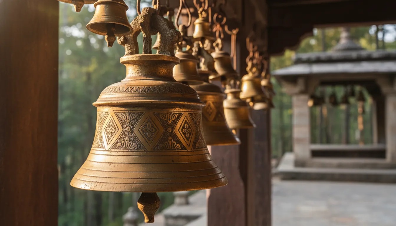 Close-up of multiple brass bells engraved with prayers hanging at the entrance of Binsar Mahadev Temple.