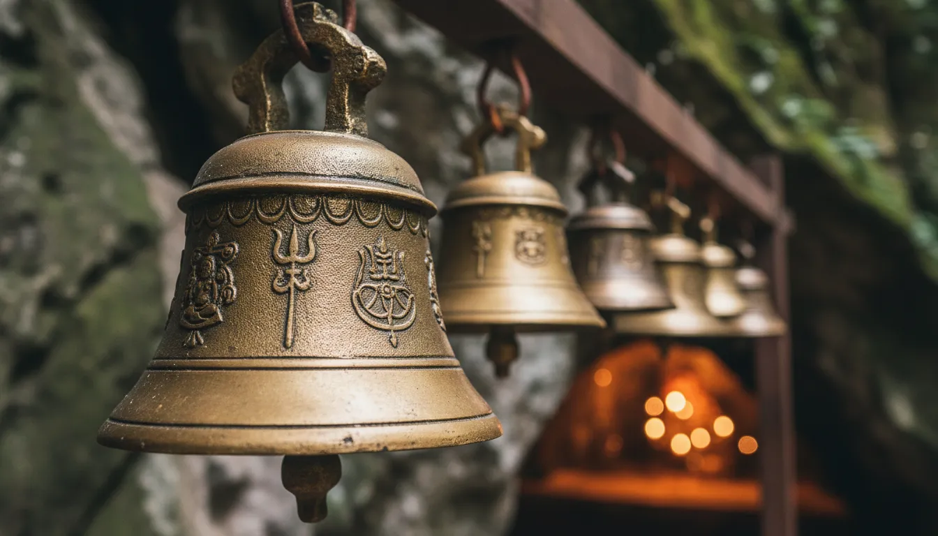 A rows of traditional brass bells hanging at the entrance of the Tapkeshwar cave temple.