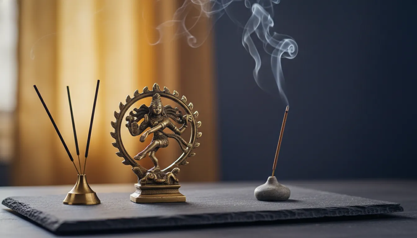 Compact brass Nataraja statue placed next to burning incense sticks with gentle smoke