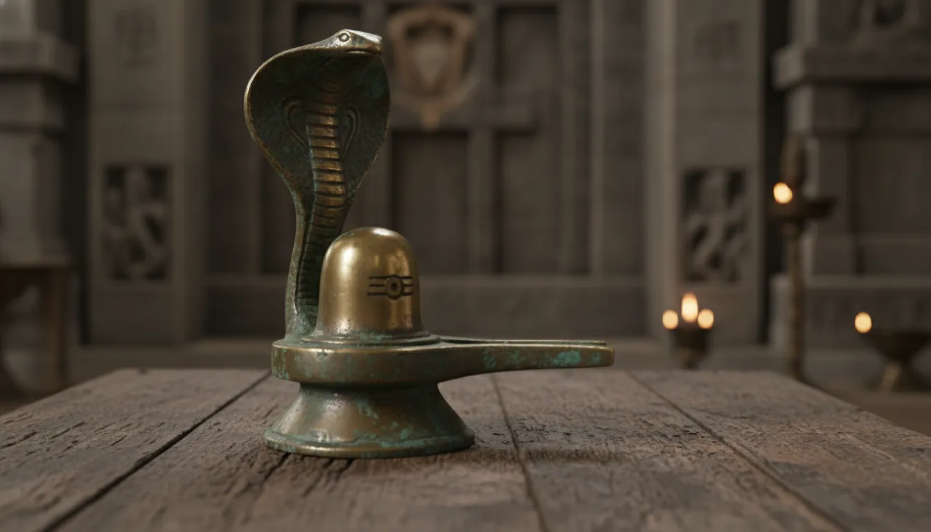 Small brass Shiva Lingam with cobra hood on wooden surface