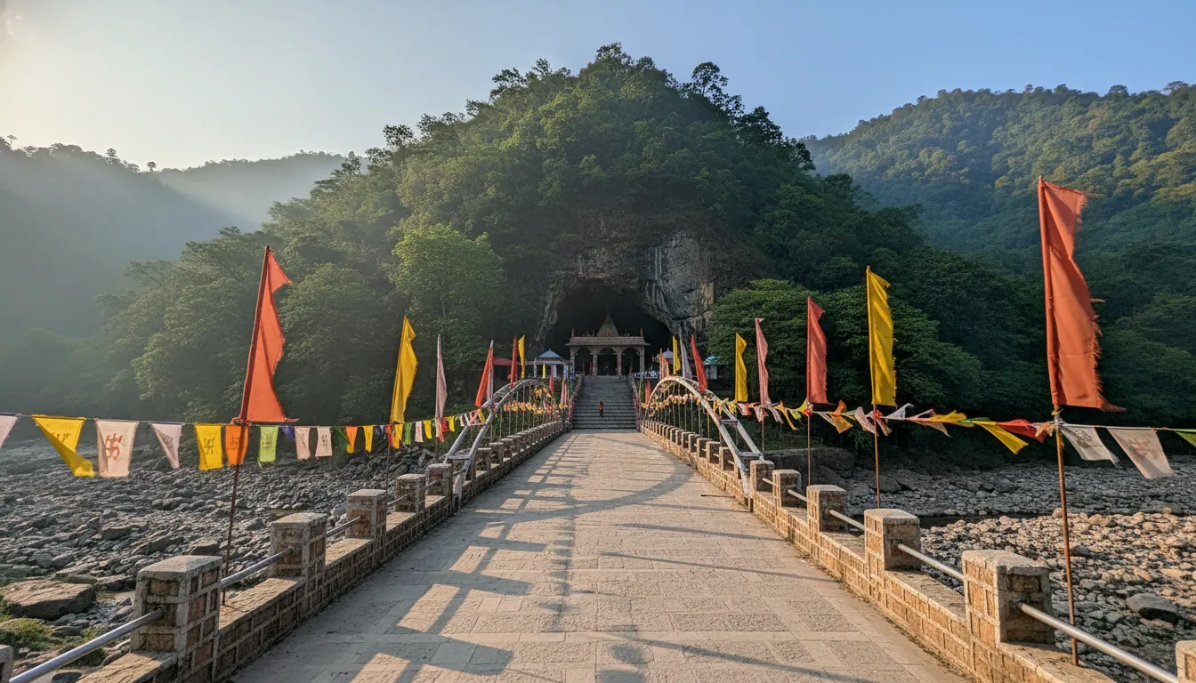 Tapkeshwar Mahadev Mandir photos showing the pedestrian bridge built over the river leading to the temple cave.