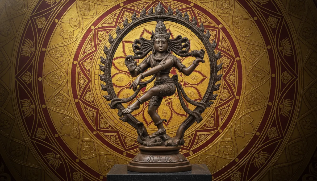 bronze nataraja statue with circular mandala background temple art gold details