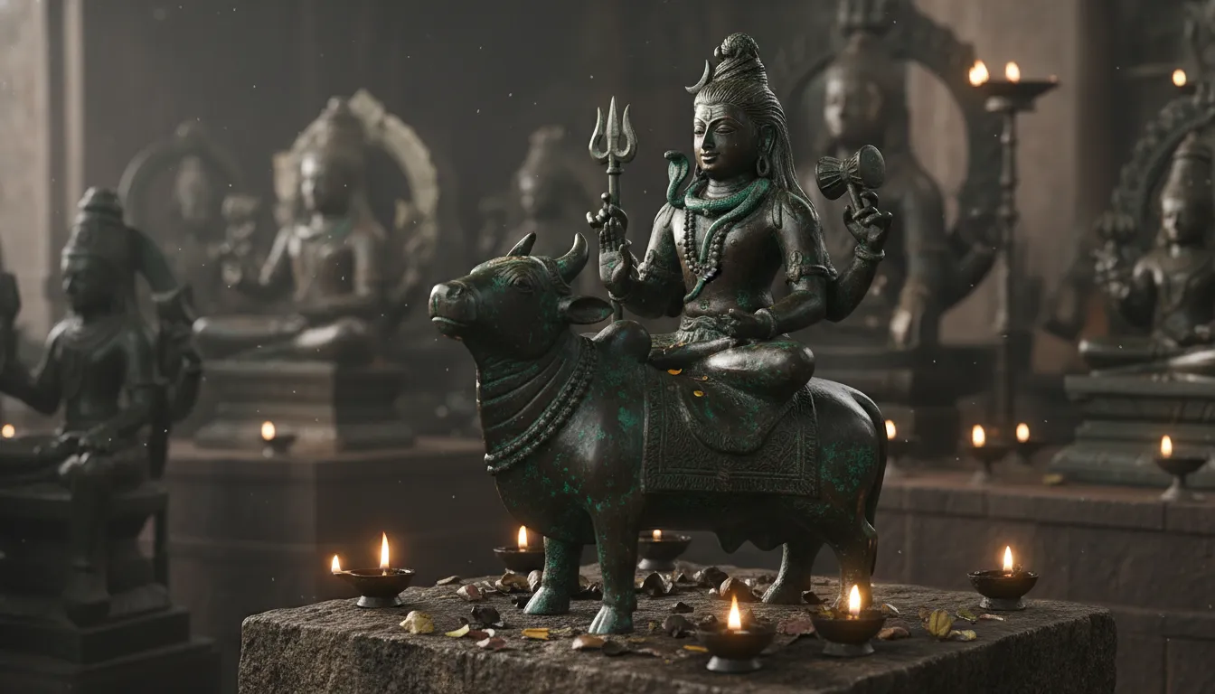bronze statue of lord shiva sitting on nandi antique temple idol
