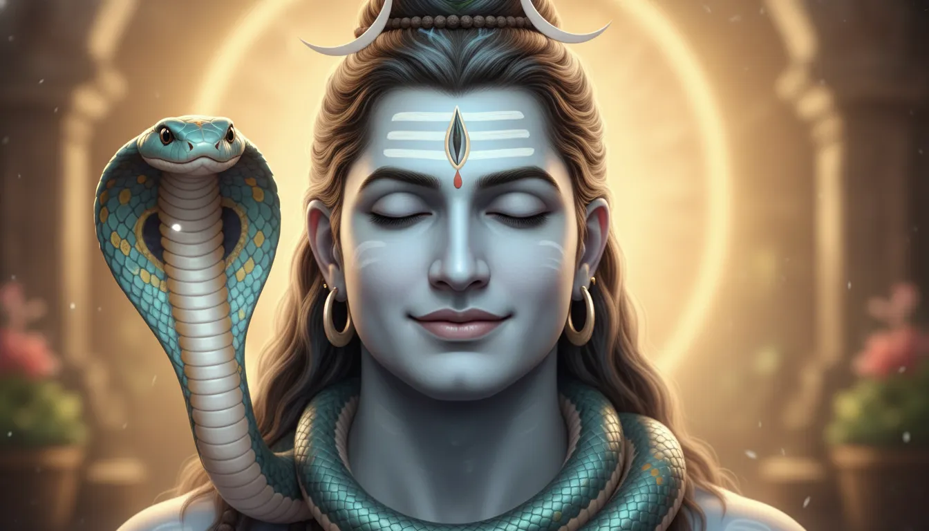 Lord Shiva meditating peacefully with a calm cobra wrapped around his neck