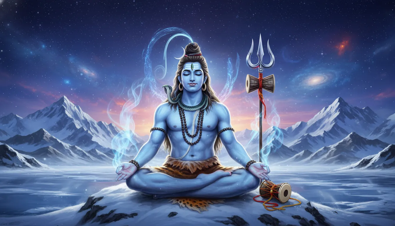 Lord Shiva sitting in meditation with trishul and damru