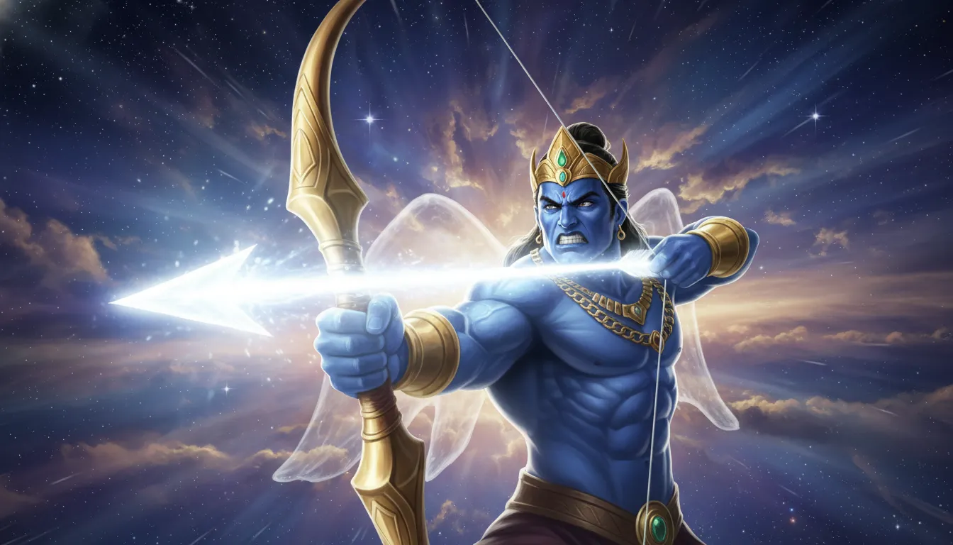 Blue-skinned celestial warrior aiming a glowing arrow of light toward the sky