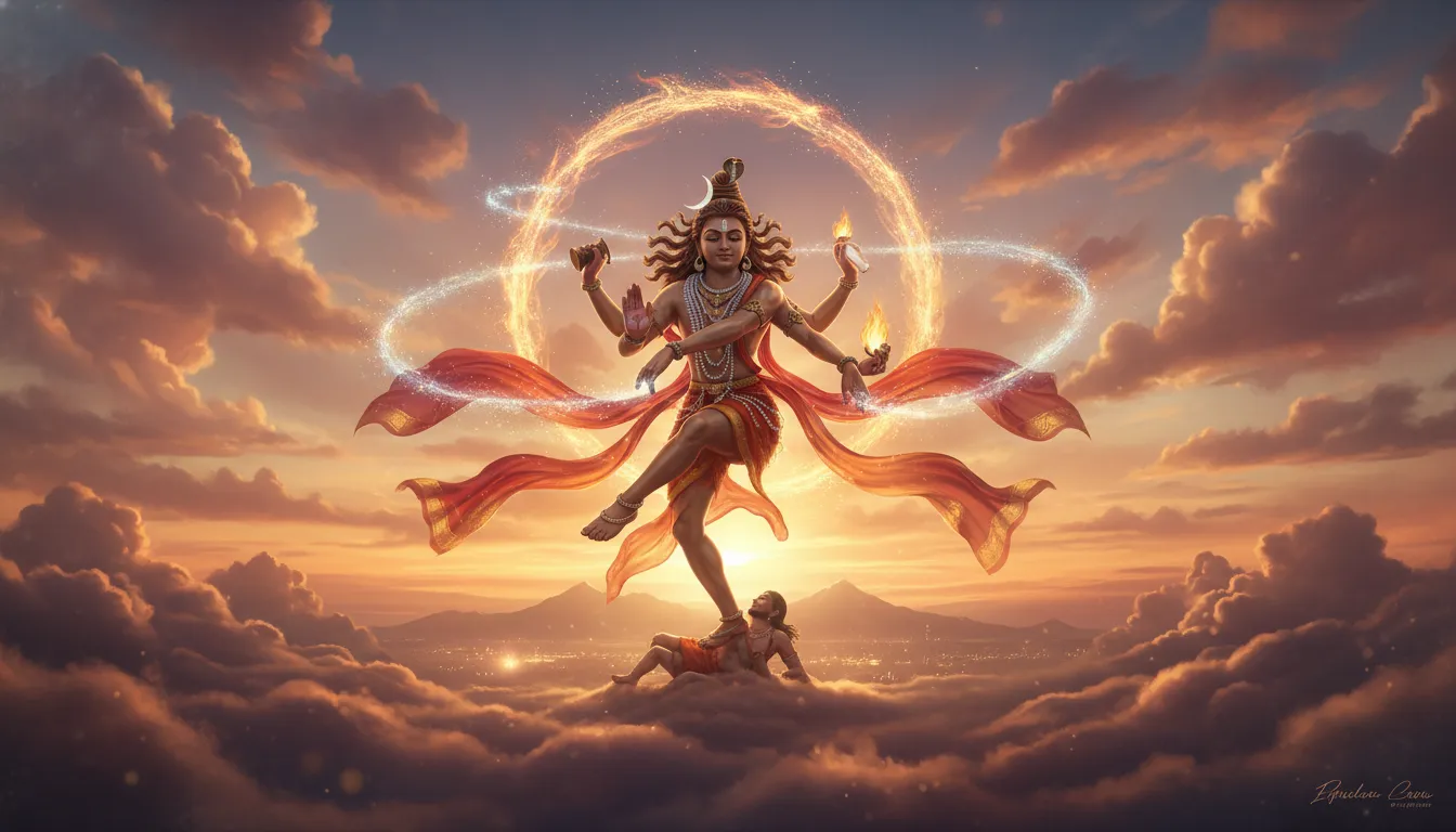 Ethereal digital art of a multi-armed deity dancing gracefully high up in the heavenly clouds