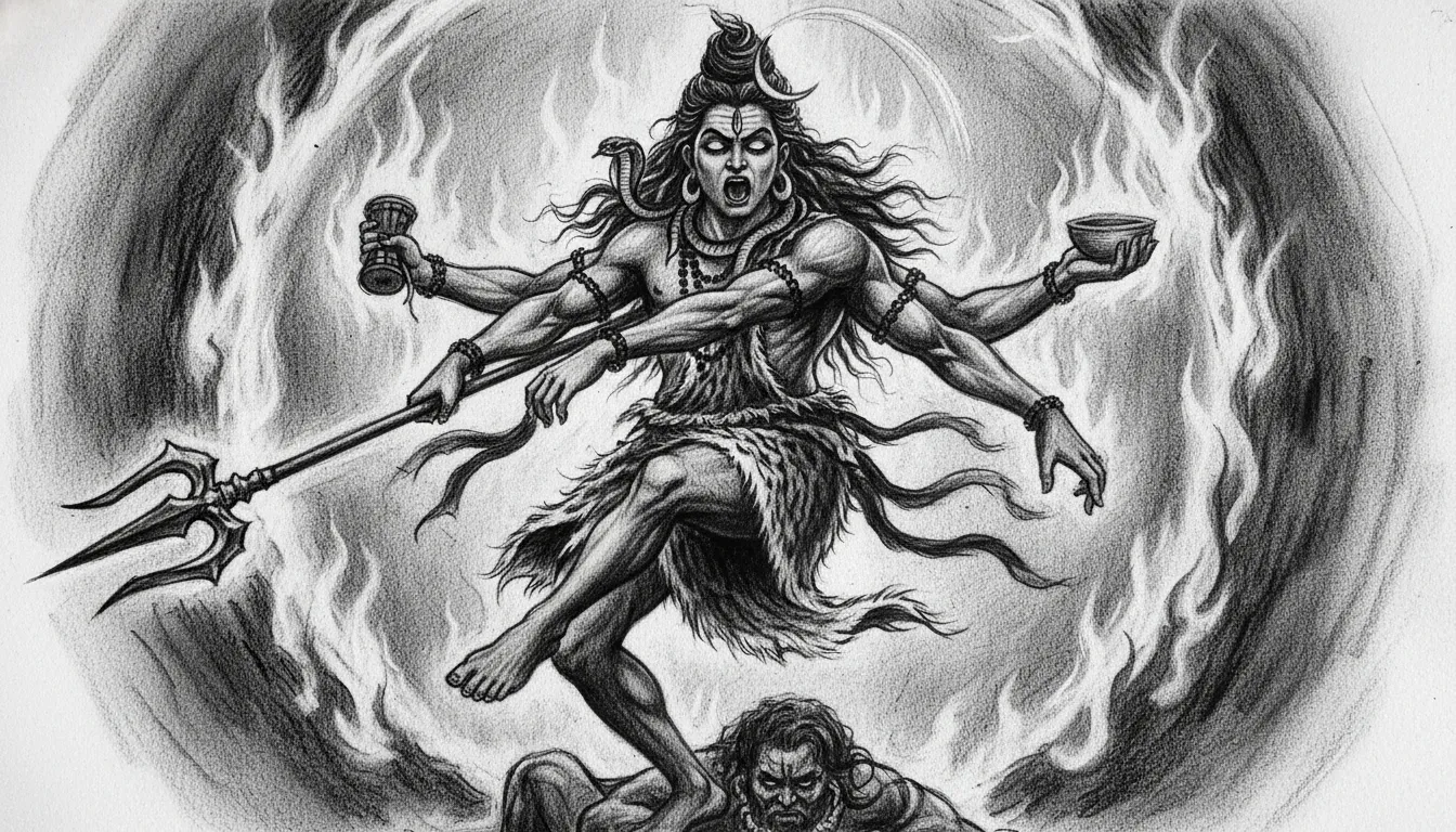 Detailed black and white charcoal sketch of Lord Shiva doing the cosmic Tandav dance.