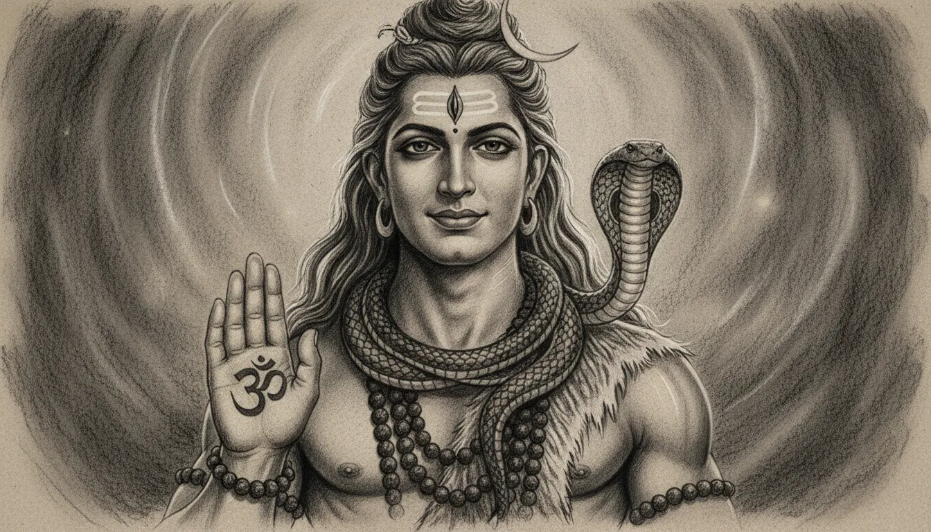 A realistic charcoal sketch drawing of Mahadev in a protective and blessing pose.