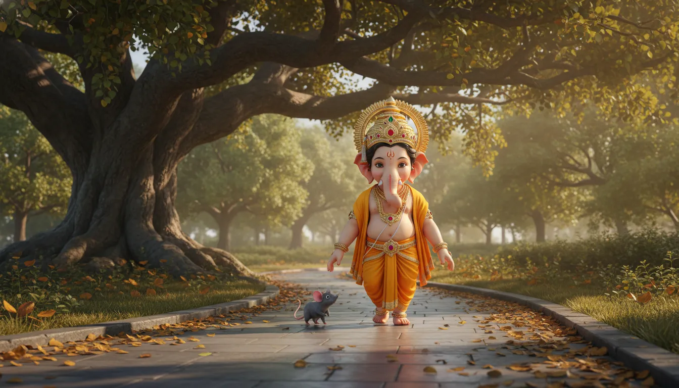 Devotional image of young Ganesha and a small mouse walking under a large sacred tree.