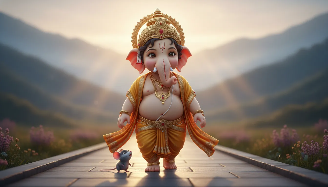 Childlike Lord Ganesha walking on a serene path with a small mouse under a golden sunrise.