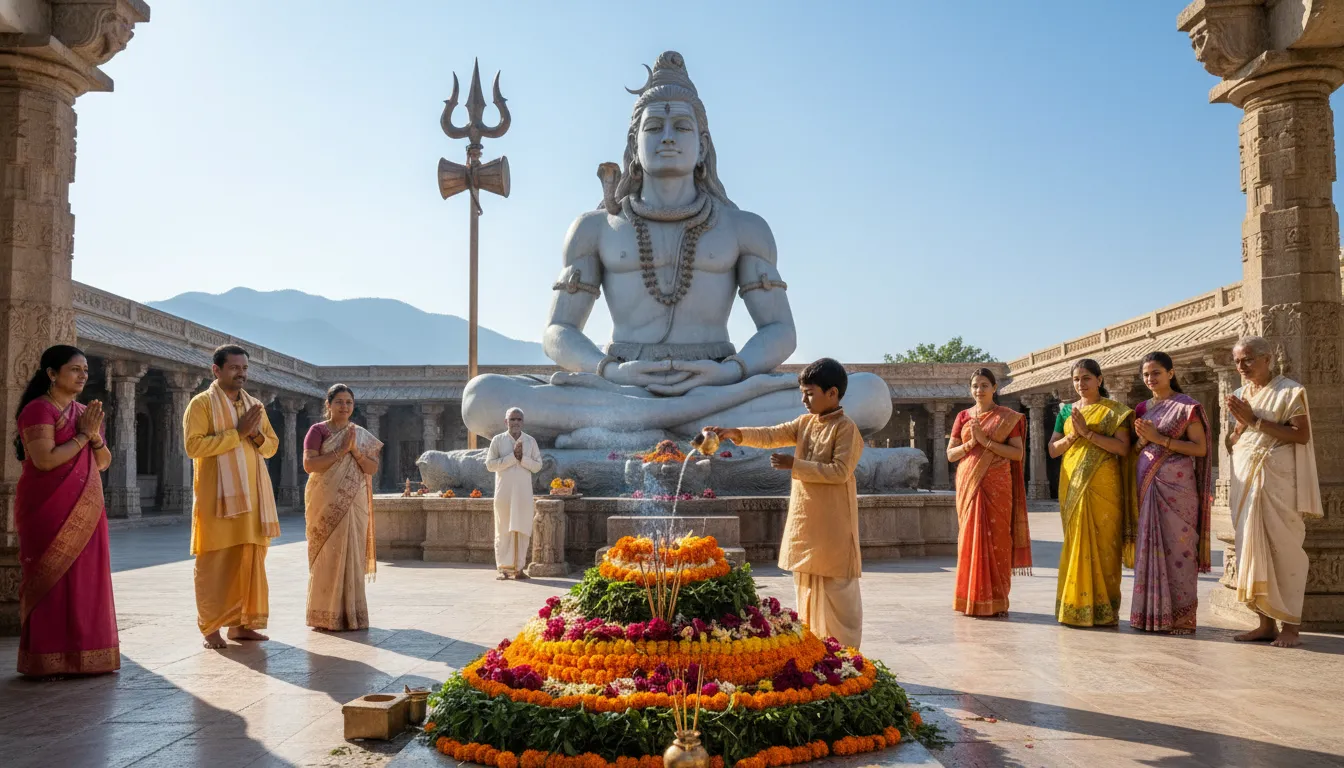 Young girl pouring water over a decorated shrine with a large Shiva statue in the background