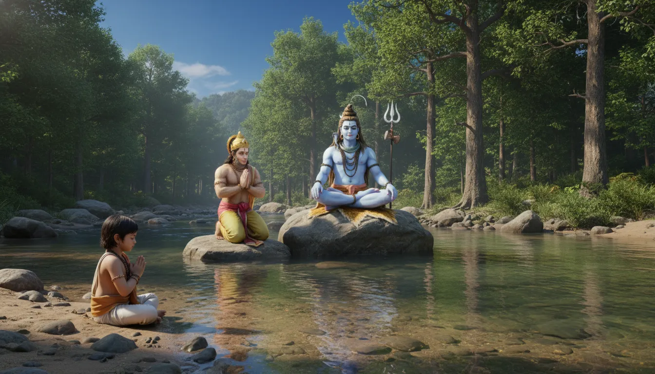A young child sits on a sandy riverbank with folded hands, praying toward Lord Shiva and Hanuman near clear water.