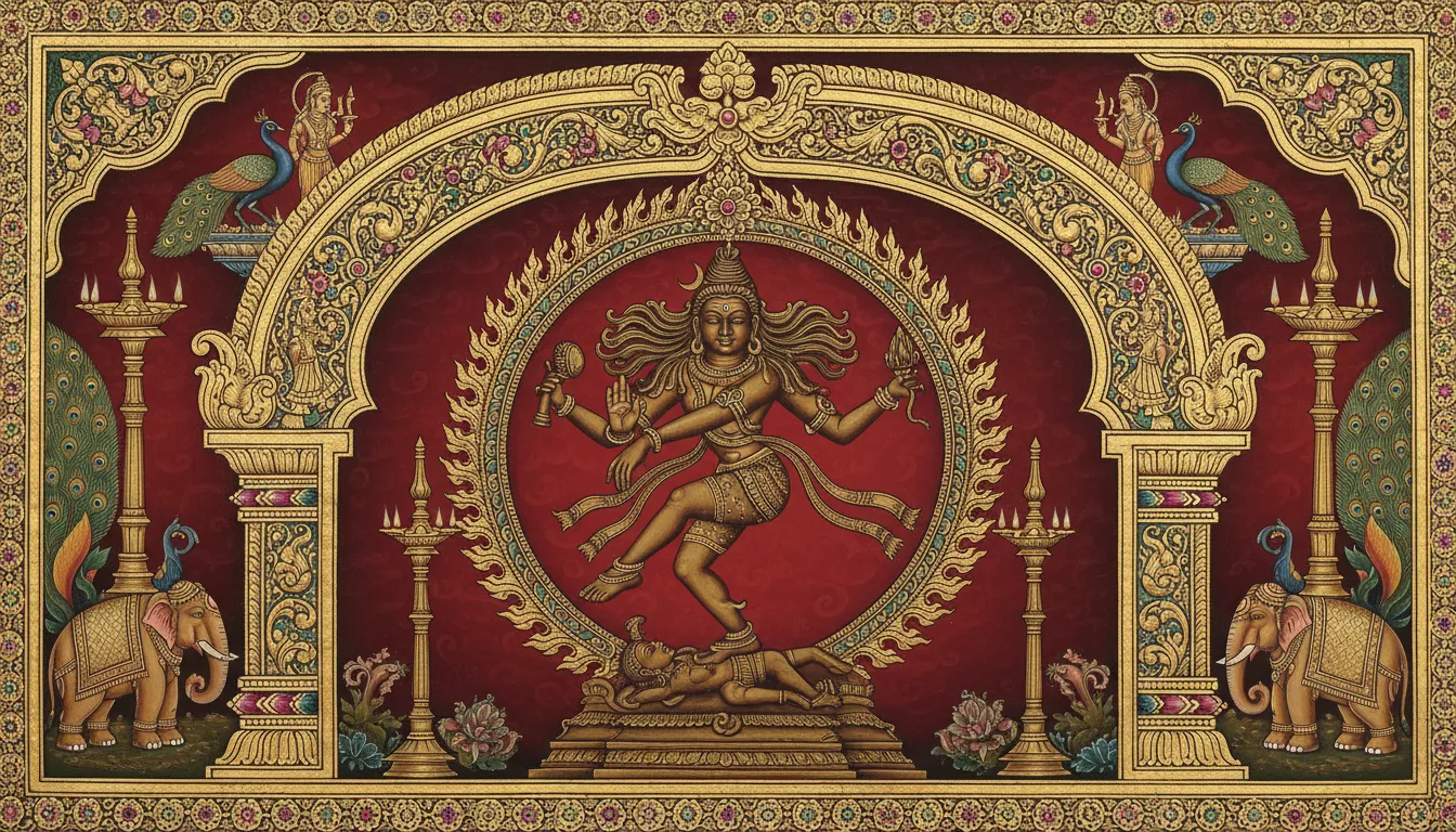 Chola bronze style Nataraja painting with Tanjore style golden arch traditional art