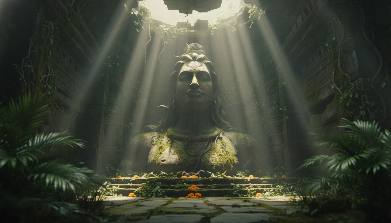 Photorealistic cinematic photo editing of an ancient stone Mahadev idol hidden inside a deep jungle temple.