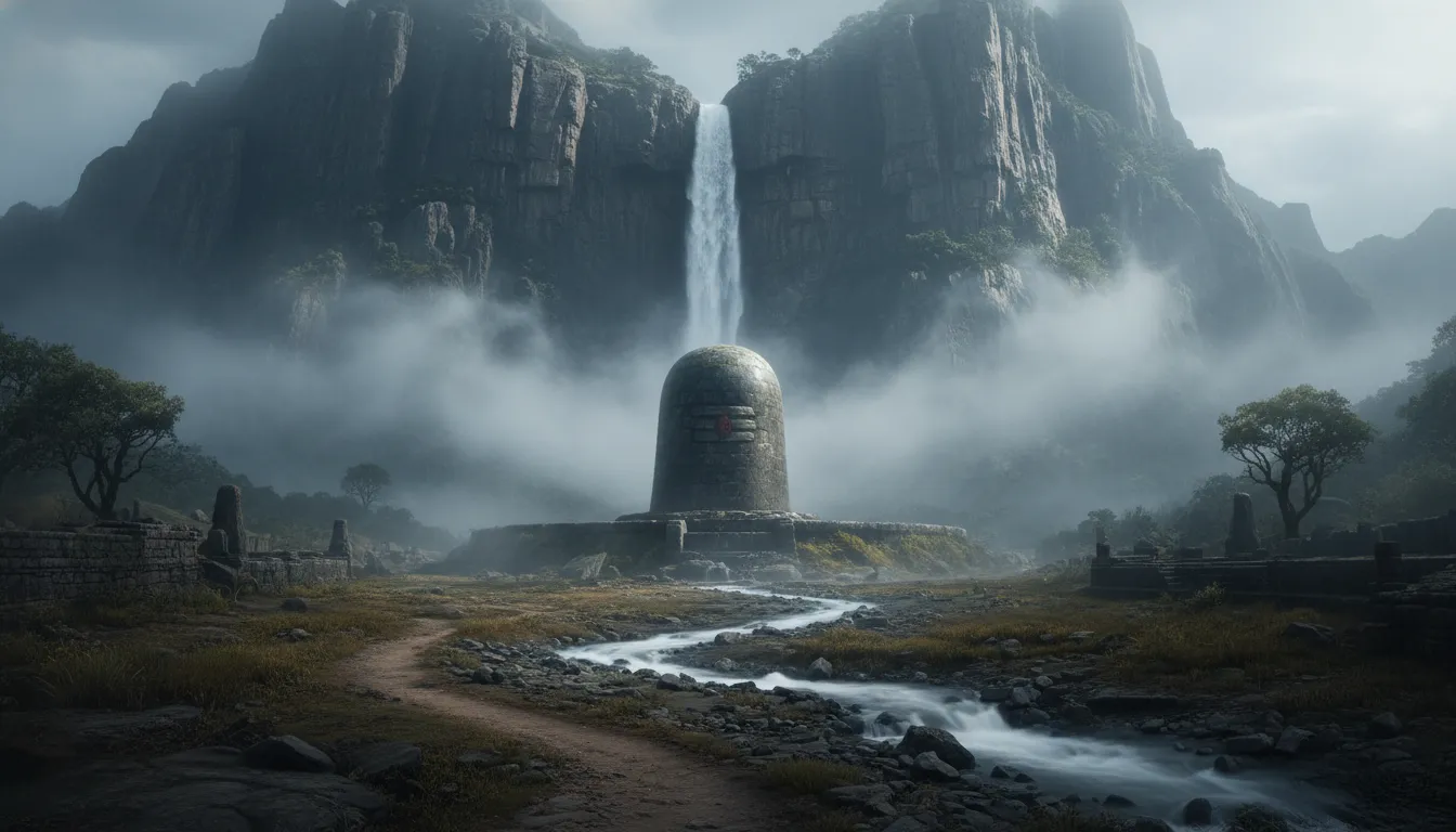 A dramatic cinematic view of a giant Shiva Lingam under a massive waterfall dropping from a high cliff.
