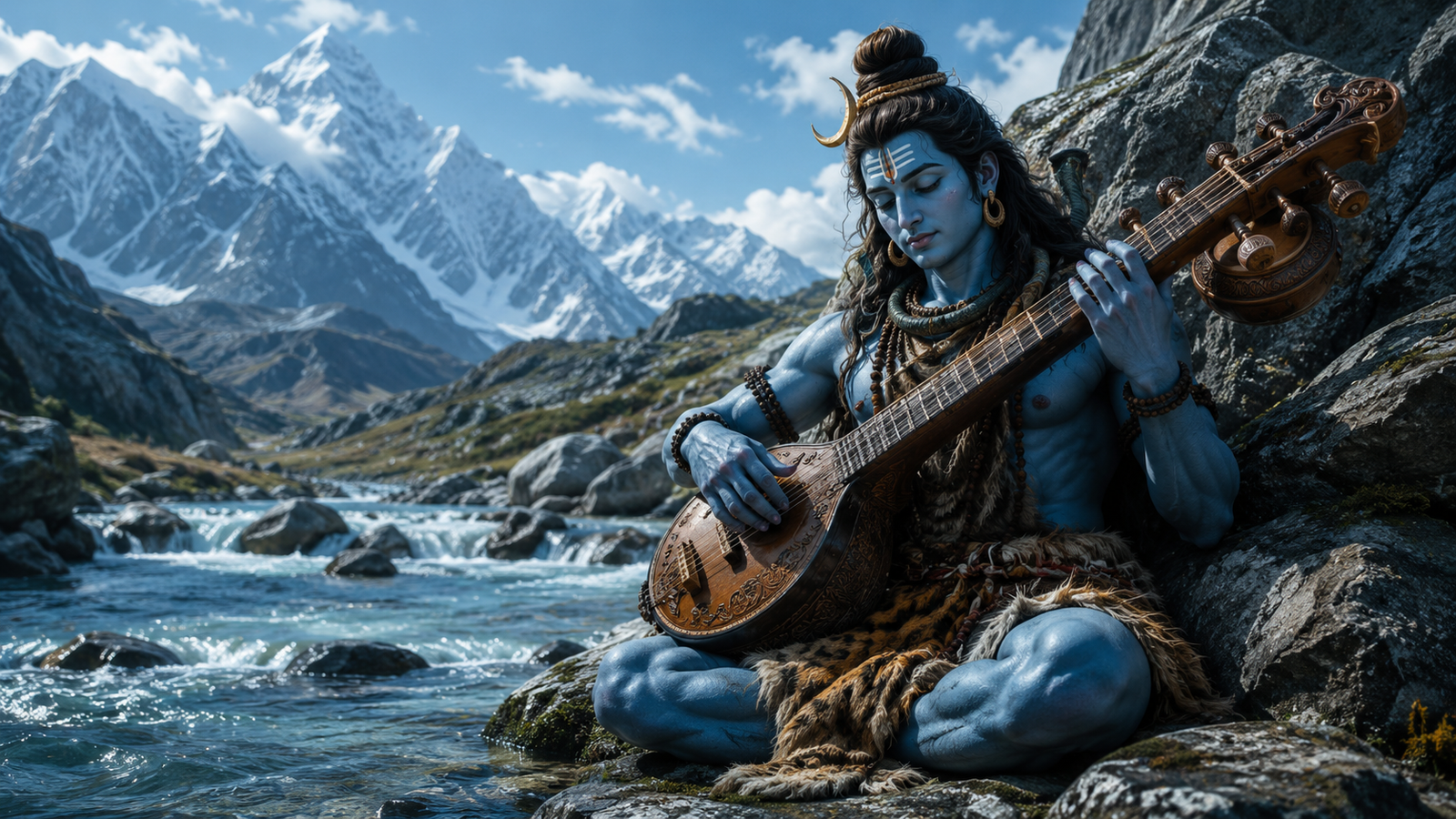 Cinematic 3D render of Lord Shiva playing the Veena near a rocky mountain river stream.