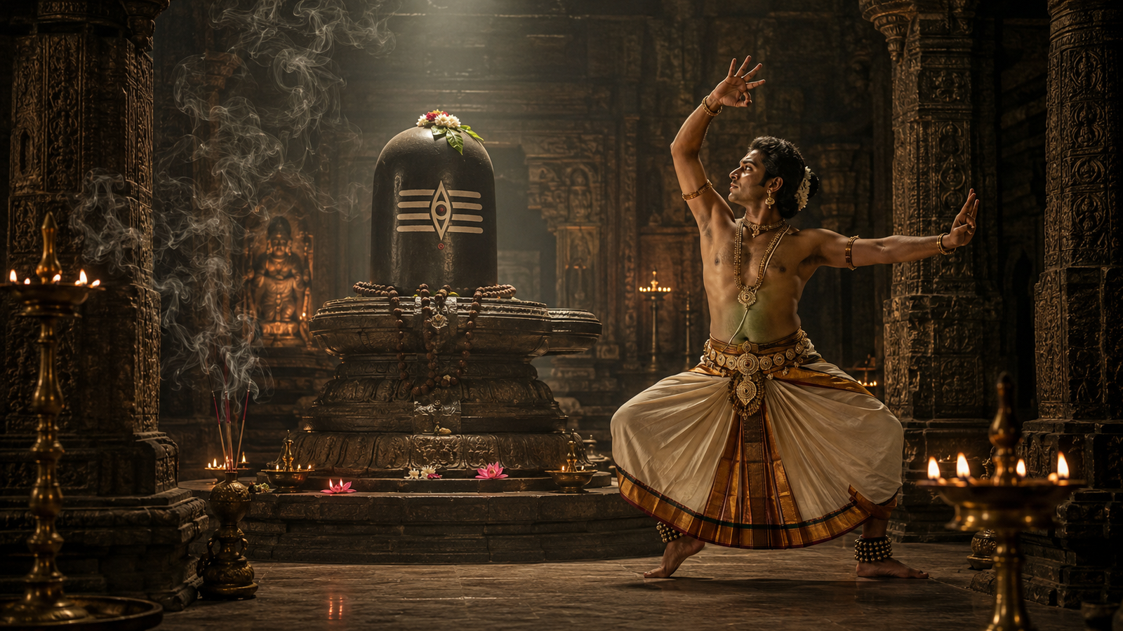 A devotee performing Tandava dance movements in front of a stone Shiva Lingam inside an ancient temple