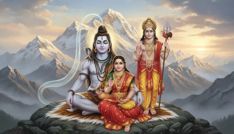 A classical divine portrait of the Mahadev family sitting peacefully near Mount Kailash.