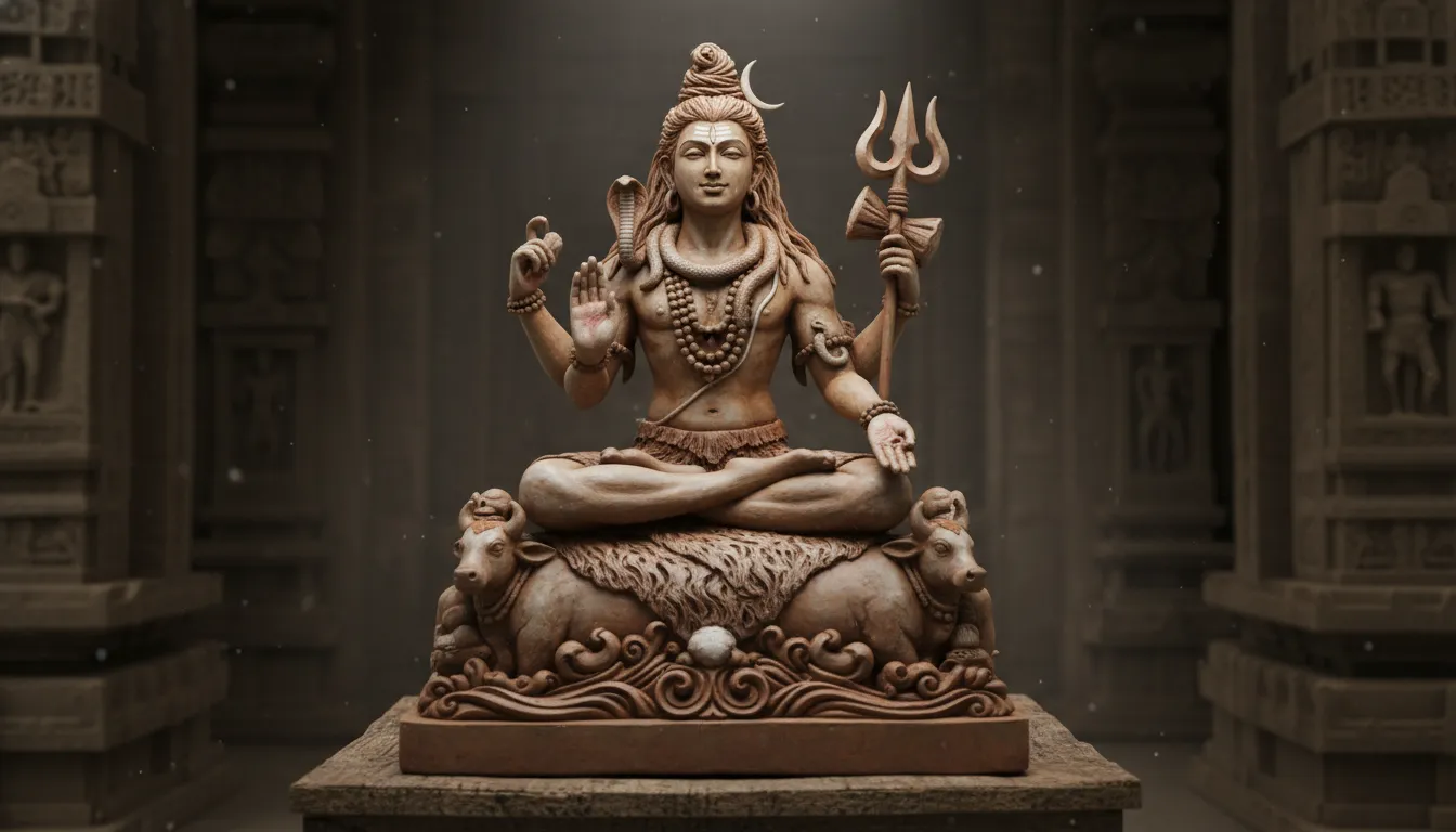 A clay sculpture of Shiva seated cross-legged with a trident and animal base detail.