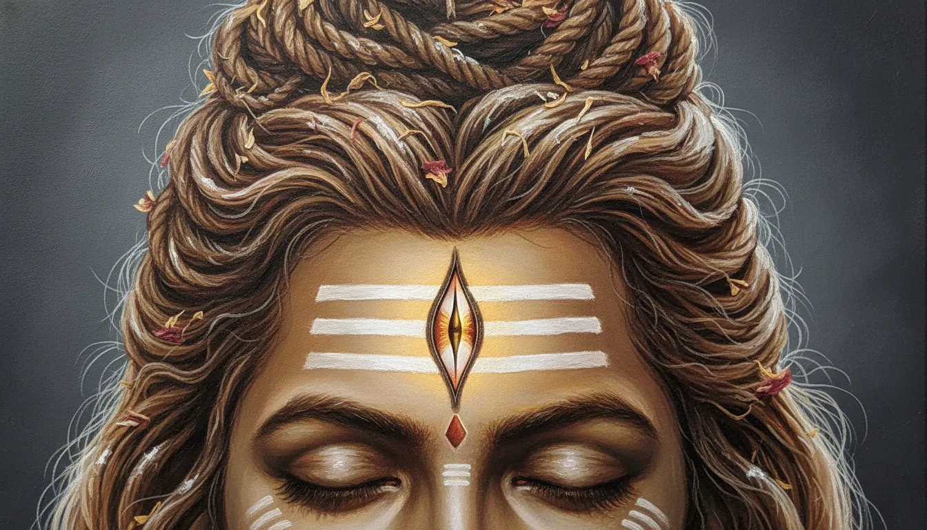 A detailed close-up painting focusing on Lord Shiva's forehead, his partially open third eye, and the detailed texture of his matted hair.