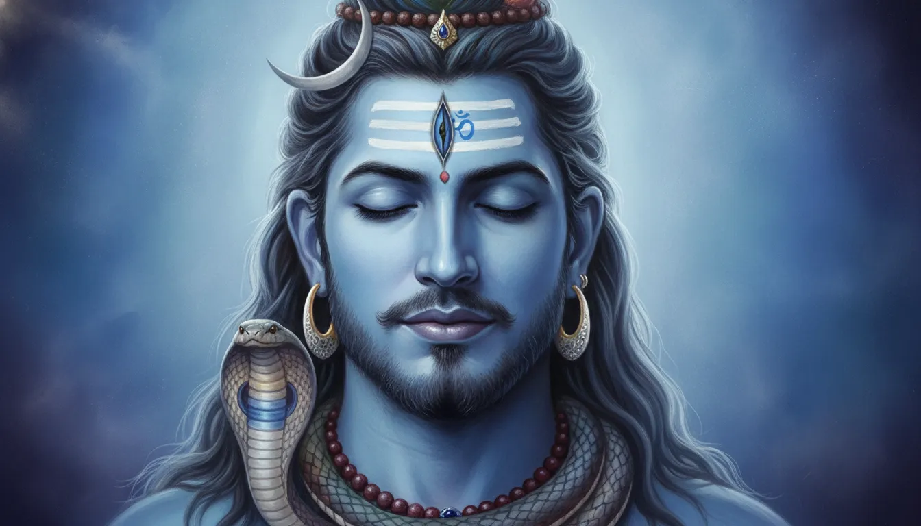 Close-up portrait of Lord Shiva’s blue face with calm eyes, crescent moon, snake, forehead markings, and soft divine colors.