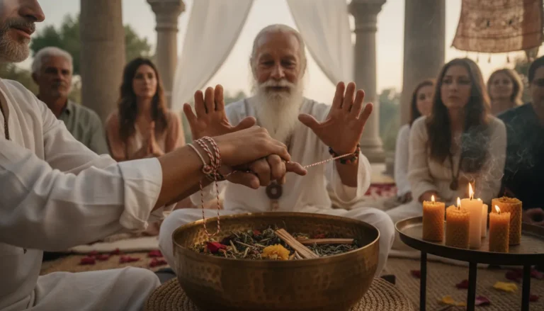 A close up view of hands performing a ritual during a sacred ceremony gathering scene with family watching.