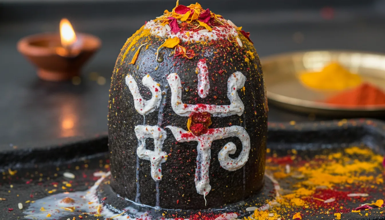black stone lingam with white horizontal markings and colorful powder decorations