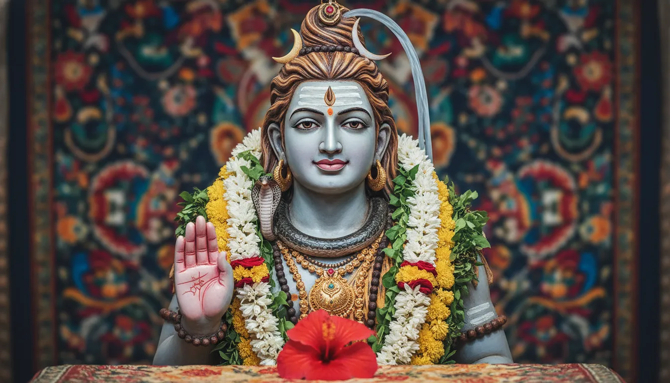 A close-up view of a Lord Shiva idol decorated with garlands, a snake ornament, and a red flower in front.