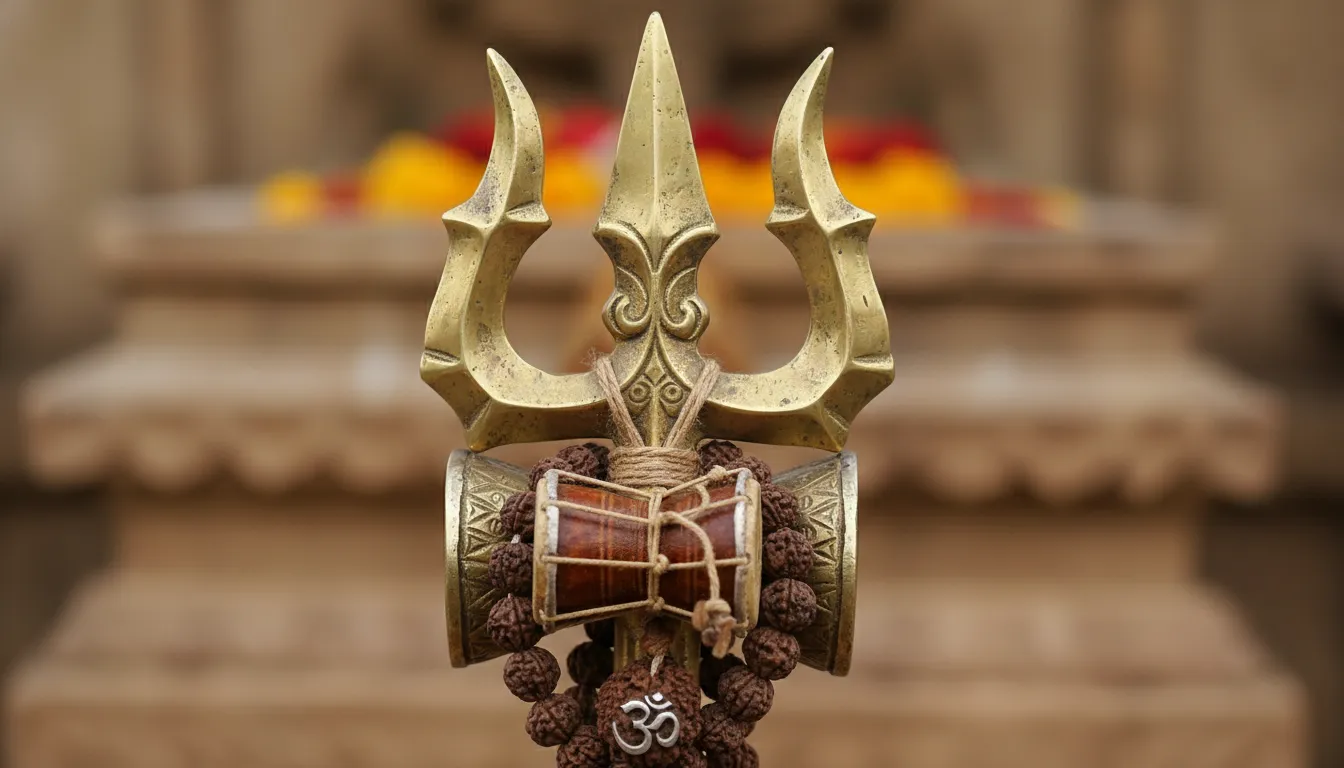 Detailed close-up shot of a brass trishul featuring a wooden damru and rudraksha beads.