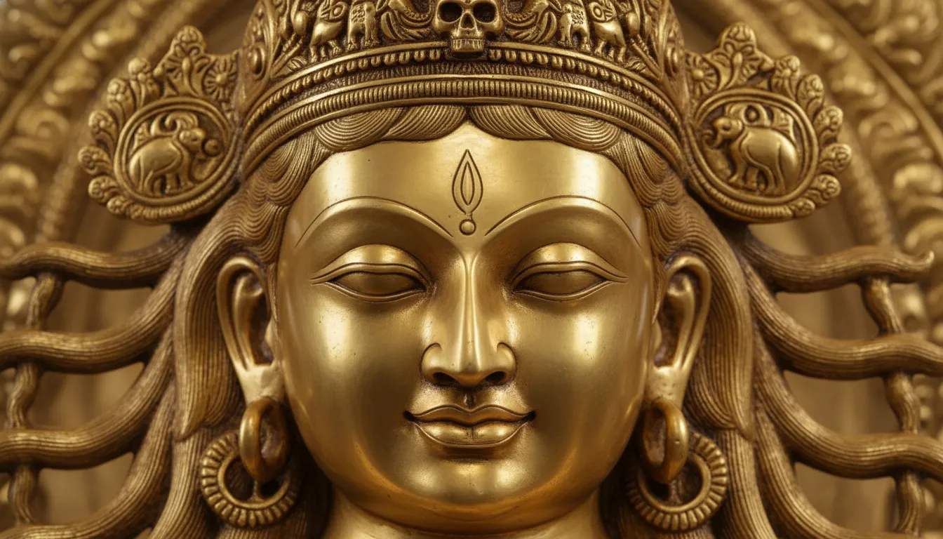 close up golden nataraja face with serene expression and ornate crown details