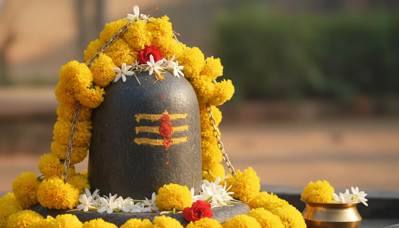 Close-up view of a Shiva Lingam surrounded by yellow and white flowers outdoors.