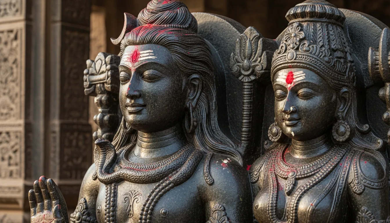 Close up view of Shiva Parvati temple idol showing detailed carving work