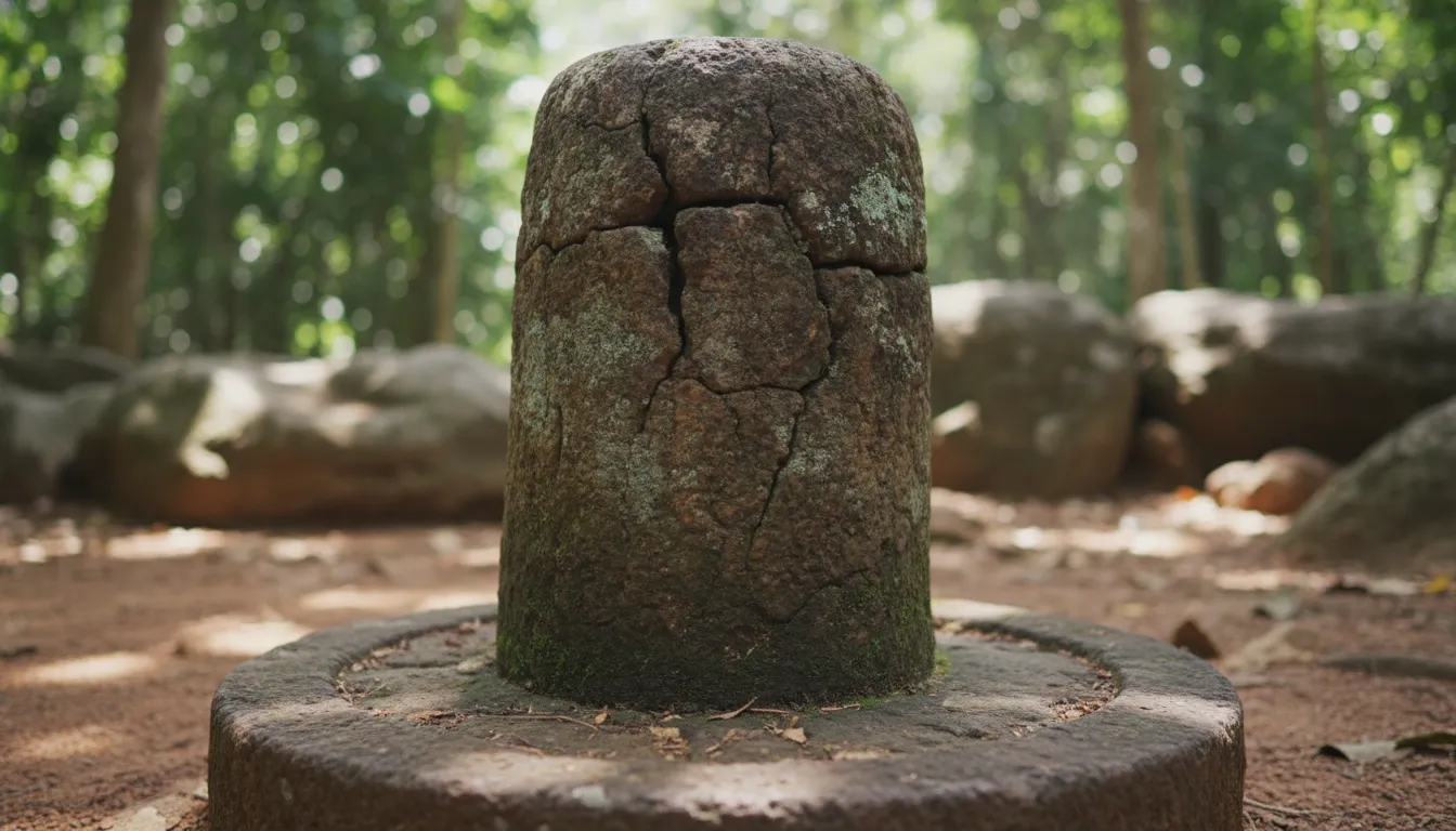 Old stone lingam with textured surface placed outdoors with earthy tones in background