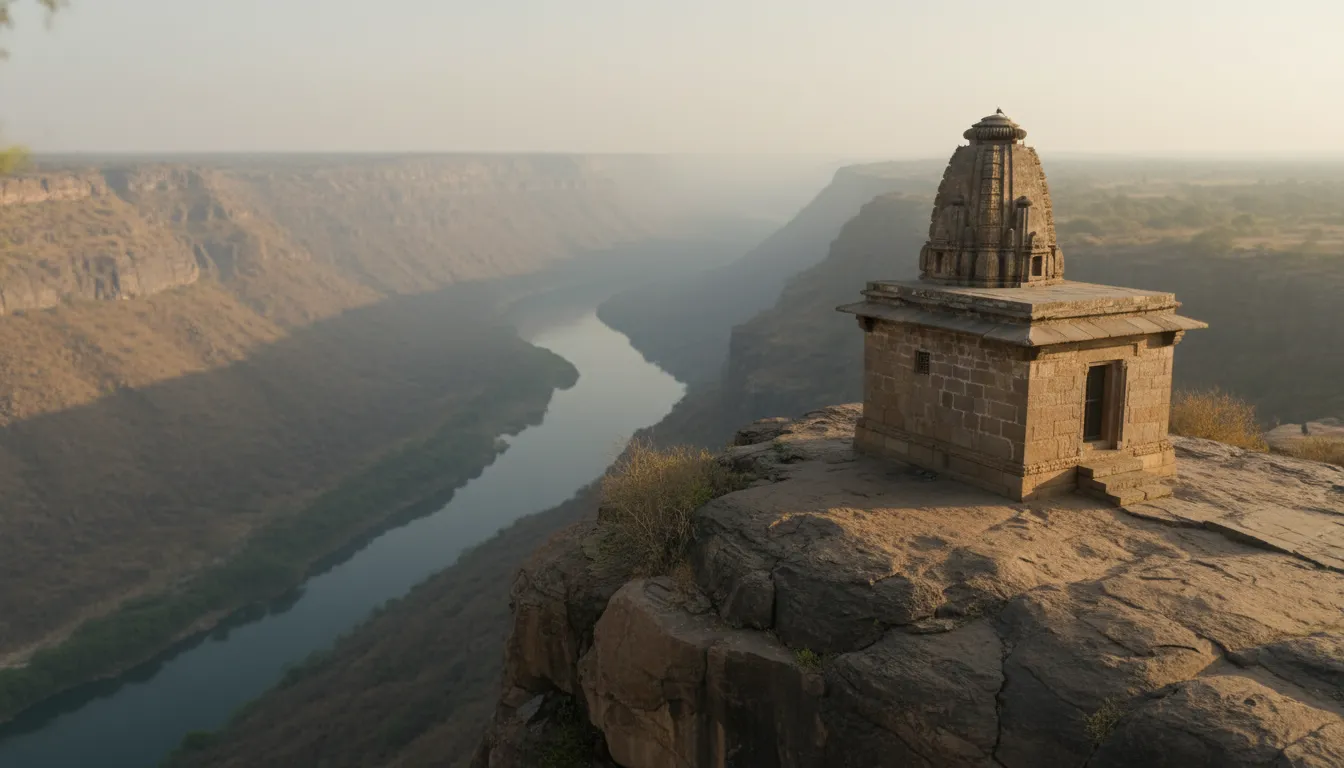 Close-up shot of the ancient Garadia Mahadev temple structure built on a rocky cliff in Kota.