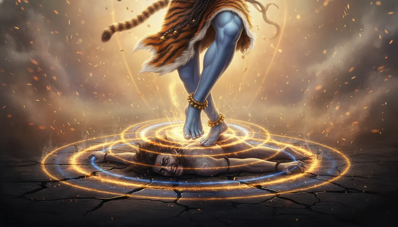 Detailed close-up of Lord Shiva’s foot stepping on Apasmara during the Tandava dance with glowing energy ripples.
