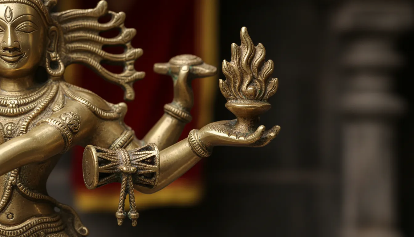 Detailed close up shot of a small brass dancing Shiva statue focusing on the hands and symbolic items