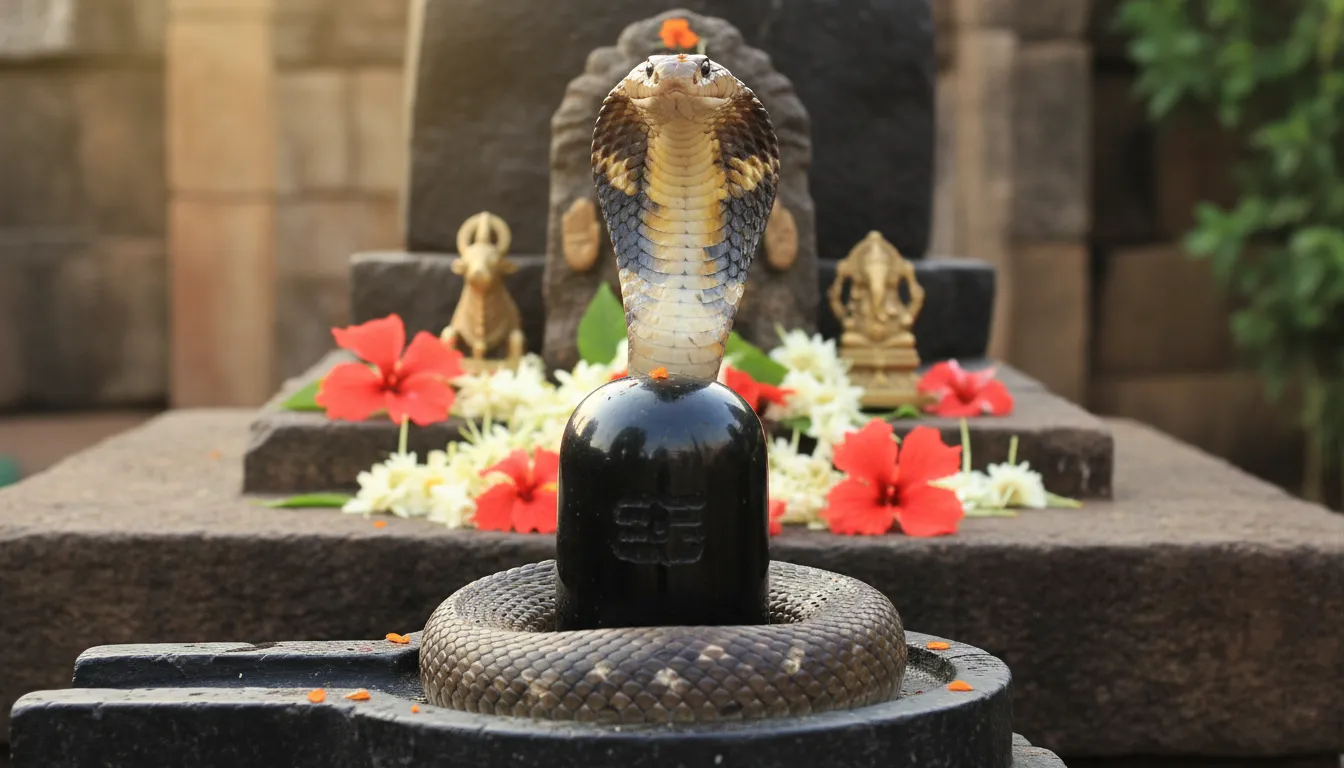 : cobra snake wrapped around a Shiva lingam with its hood raised