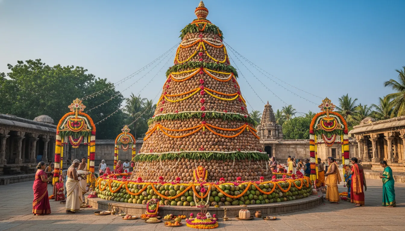A large Shiva lingam structure made with coconuts and decorated with flower garlands.