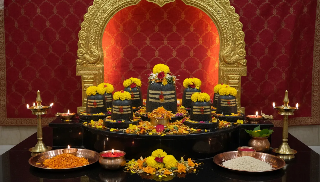 Multiple Shiva Lingams of different sizes decorated with marigold flowers on a stone platform.