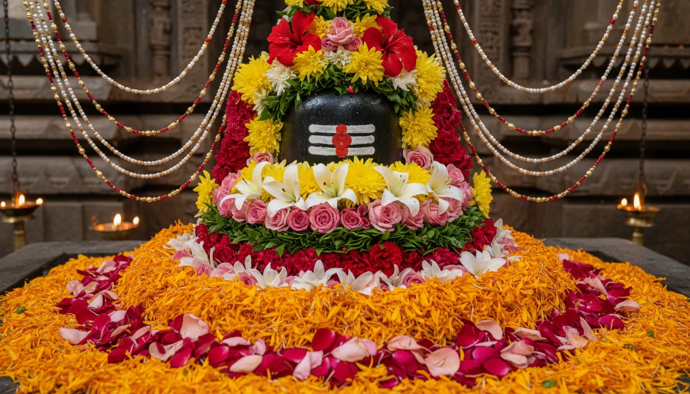 Shiva Lingam decorated with multicolored flowers and bead garlands