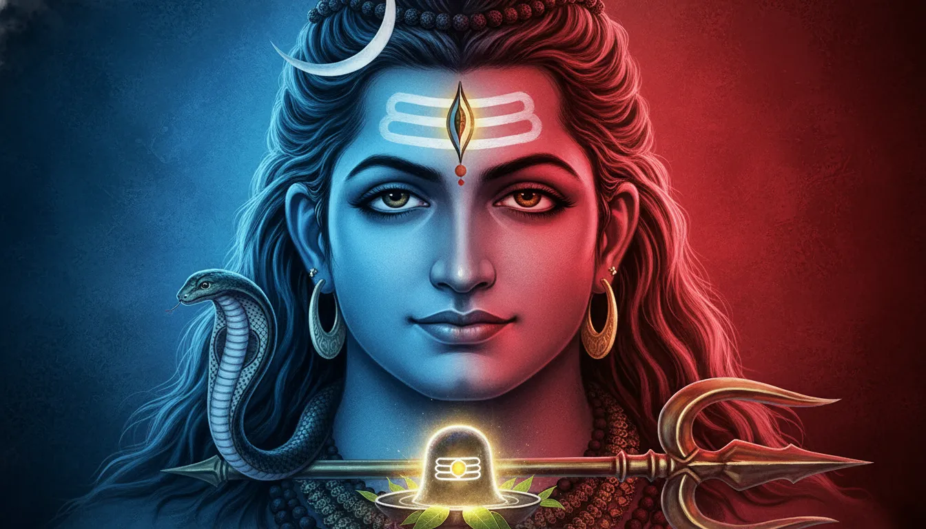 Close-up artistic portrait of Lord Shiva with colorful red and blue tones, a crescent moon, snake, trident, and sacred lingam.