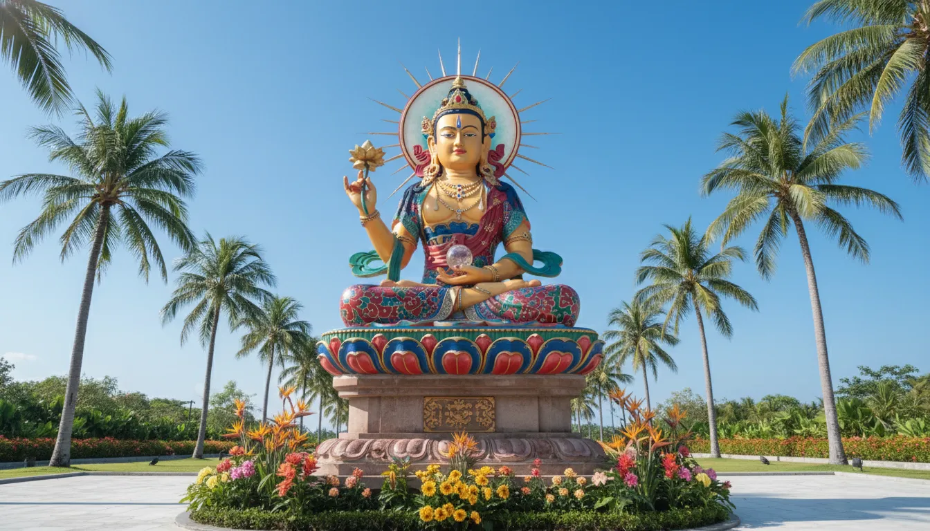Brightly colored statue sitting cross-legged outdoors with palm trees in background