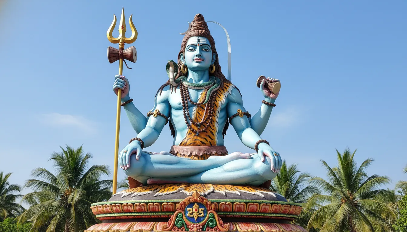 Brightly colored statue of Lord Shiva seated in meditation while holding a trident and traditional drum outdoors.