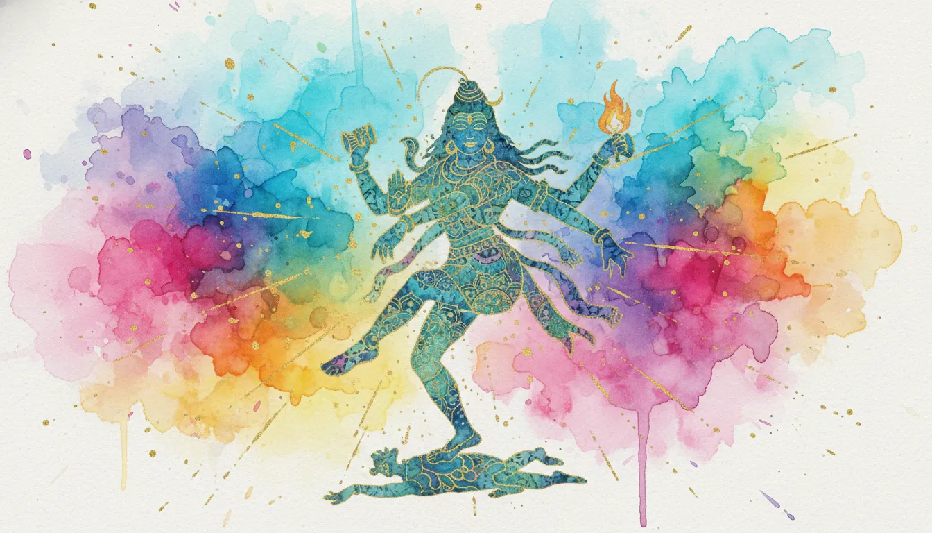 Abstract watercolor painting of dancing Lord Shiva with vibrant paint splashes