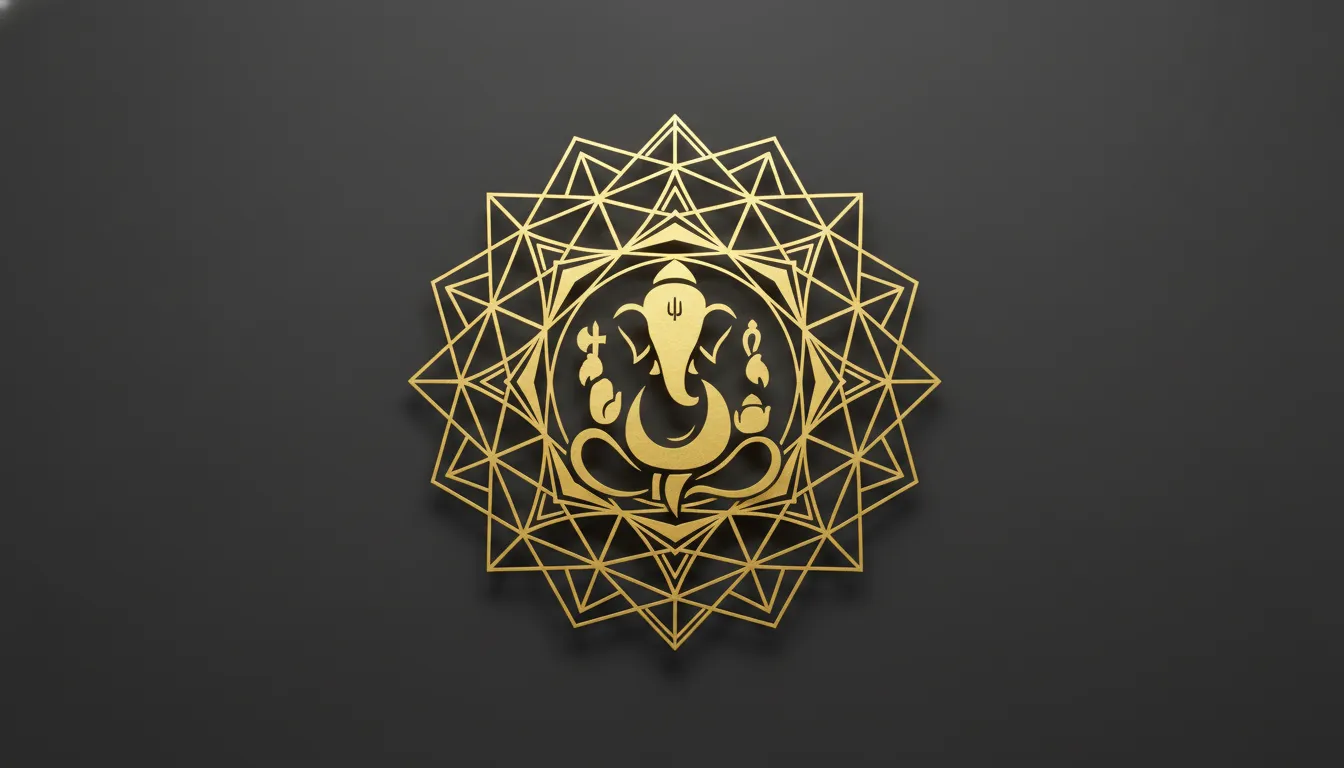 Modern geometric gold mandala emblem featuring a stylized Ganesha silhouette