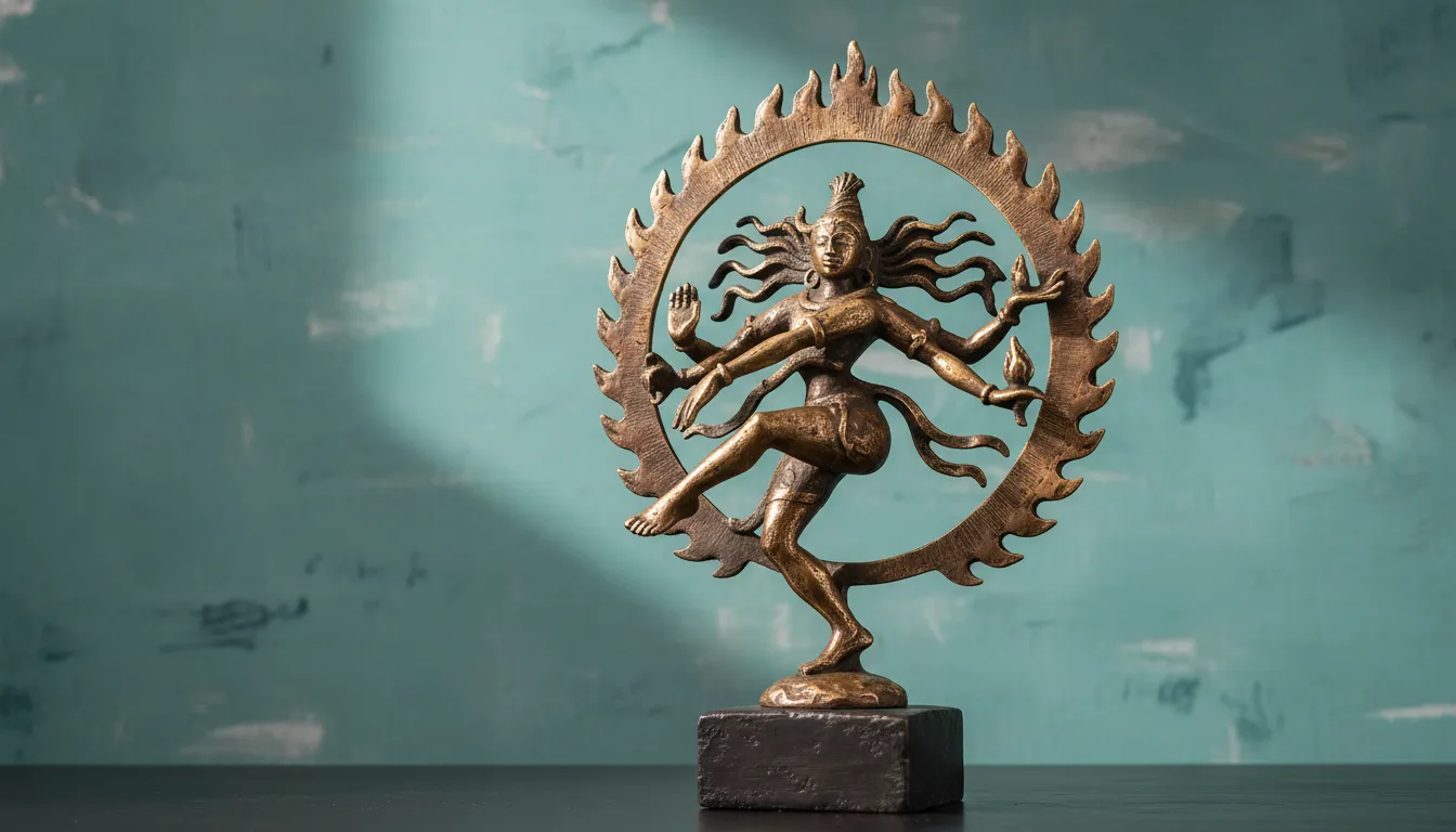Modern bronze sculpture of dancing Lord Shiva set against a calm teal textured wall
